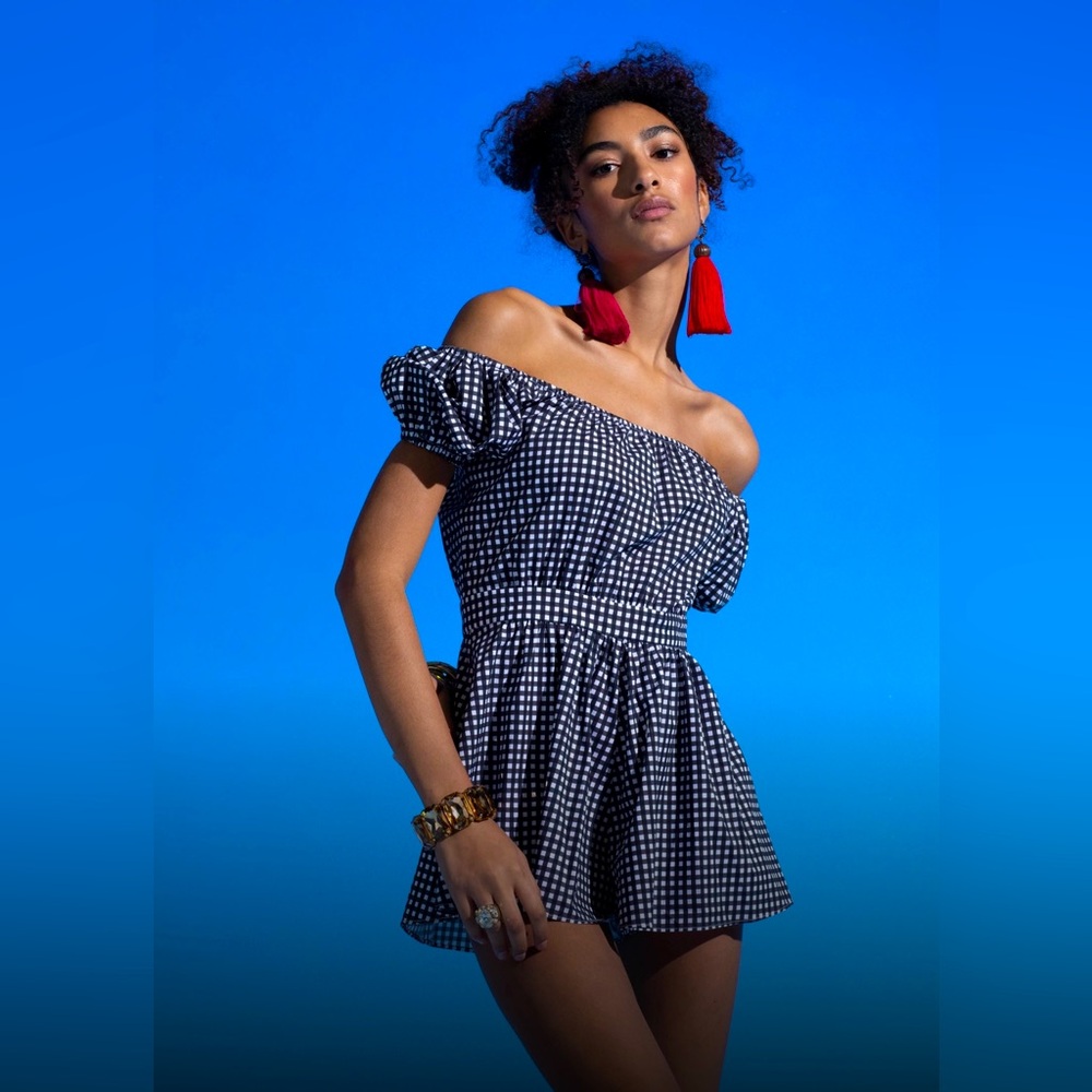Caroline Constas off shoulder gingham Romper. Size XS